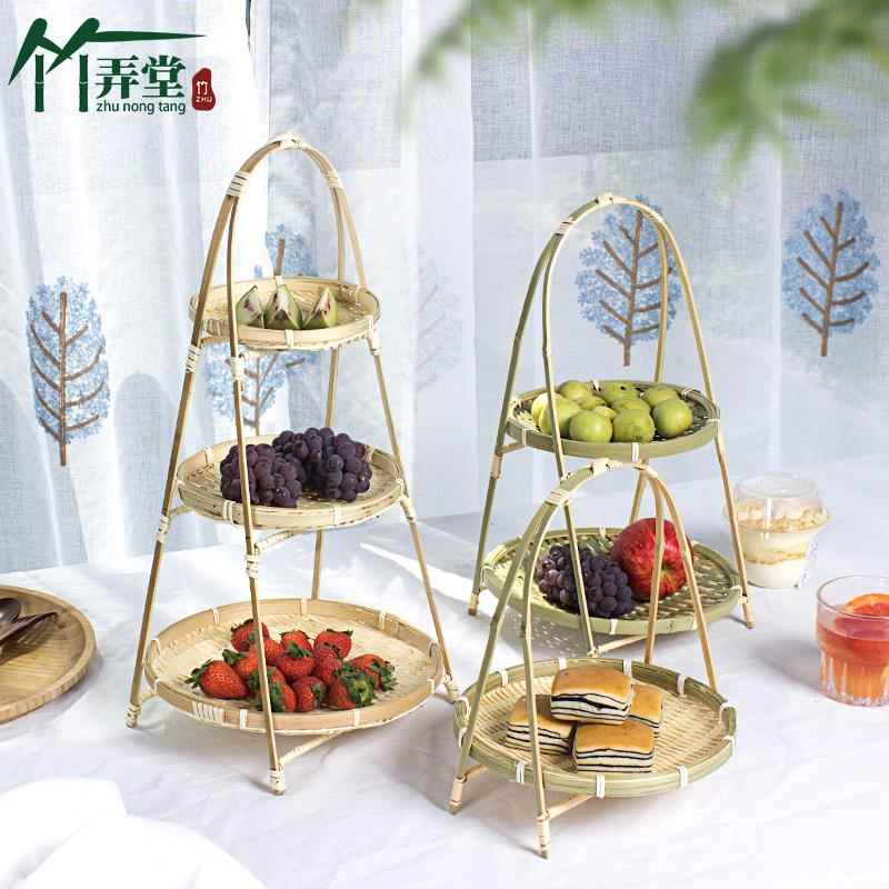 手工竹编制品水果茶点小吃筐多层零食盘干果篮子圆形家用创意提篮