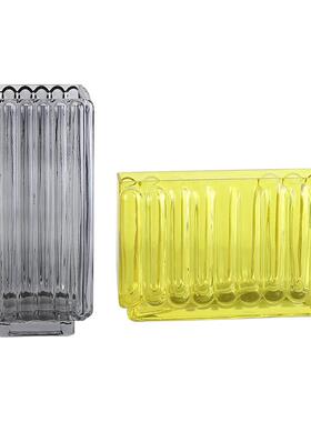 家居竖楞灰色扁形方缸玻璃花瓶样板房玄关桌面软装饰品花器