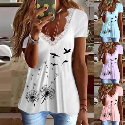 Top Summer Short Sleeve Collar Printed T-shirt Lace Large
