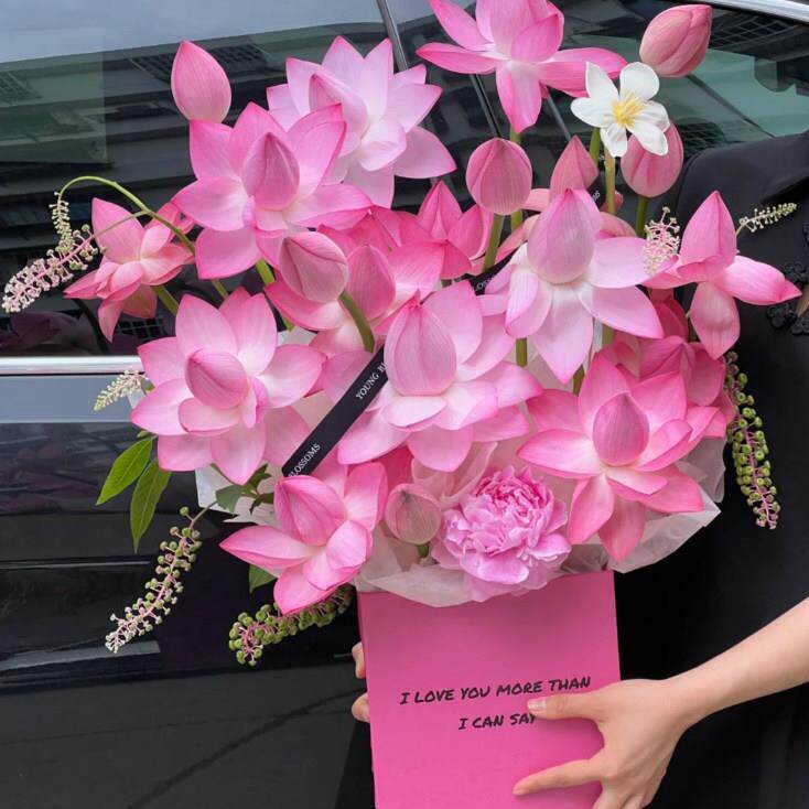 荷花抱抱桶花期短鲜花送女友生日北京天津国风莲花莲藕鲜花花束