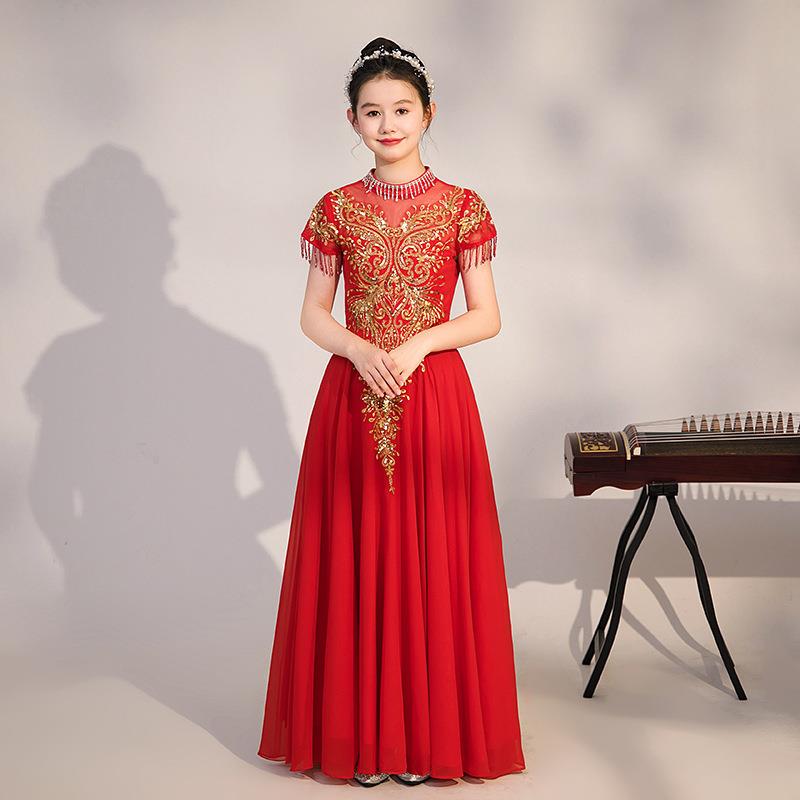 高档古演出服中演国风女主持筝人合唱团礼服古典舞红色艺考走秀表