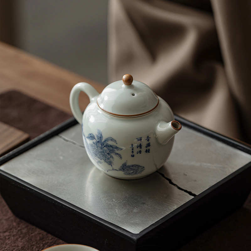 单壶茶具小壶彩陶子花功夫茶壶仿古壶家用下文人橘釉瓷泡茶青花