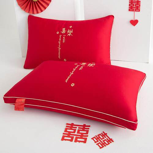 厂家婚庆全棉绣花枕芯结婚陪嫁喜庆大红刺绣婚房枕头量大从优