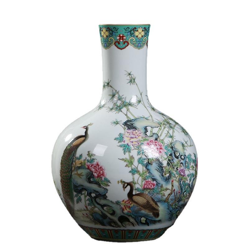仿古中式粉彩孔雀天球花瓶景德镇陶瓷家居客厅瓷器摆件工艺品