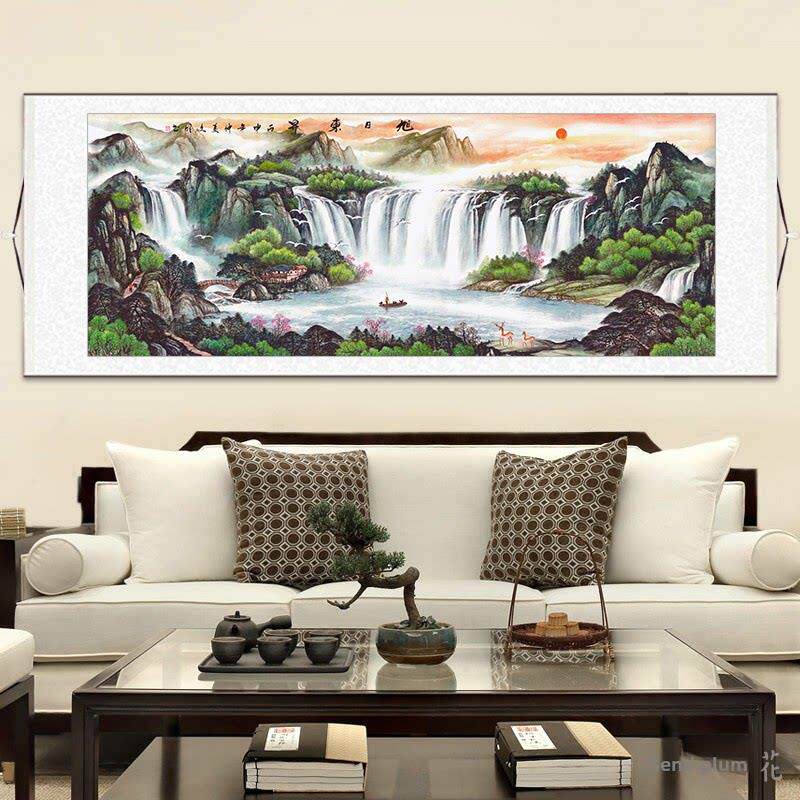 旭日东升横幅挂画客厅沙发背景装饰画风水招财山水国画丝绸卷轴画