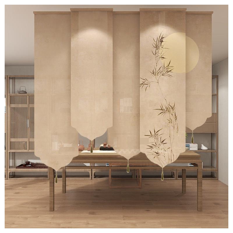 新中式山水水墨画 画卷拉式升降卷帘电动办公室窗帘遮阳屏风隔断