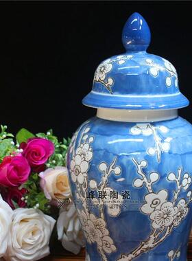 蓝色手绘花瓶客厅玄关摆件酒店样板房青花瓷花瓶软装饰陶瓷花瓶