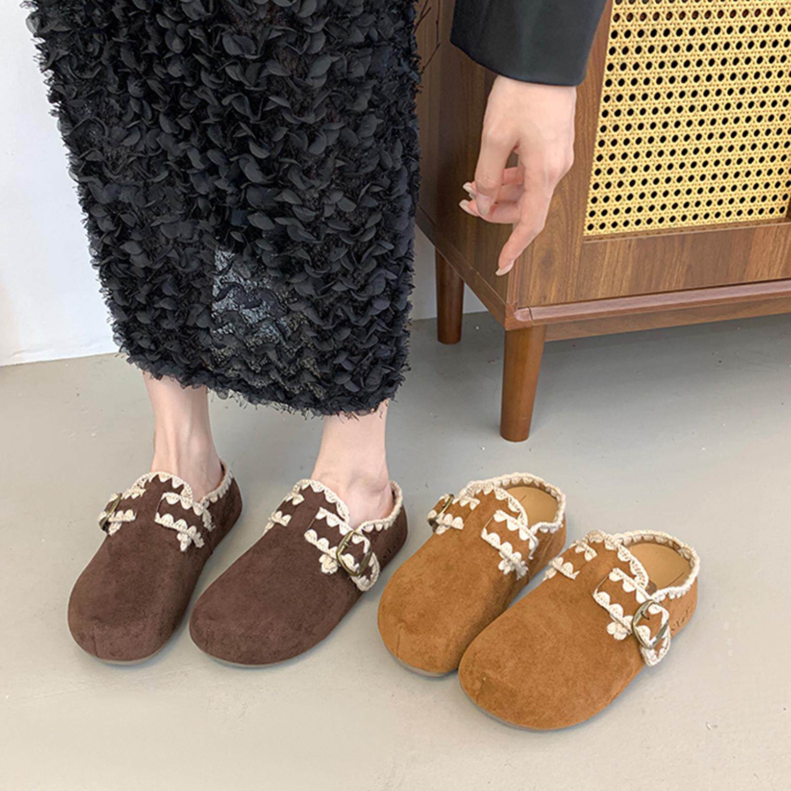 英国真皮厚底勃肯鞋女2026新款春秋复古包头半拖鞋一脚蹬博肯单鞋