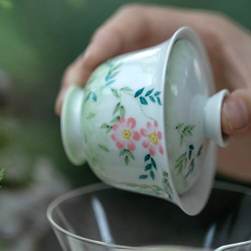 束刻玉泥手绘凌霄花二才盖碗不烫手陶瓷茶具釉下彩古青文人泡茶碗
