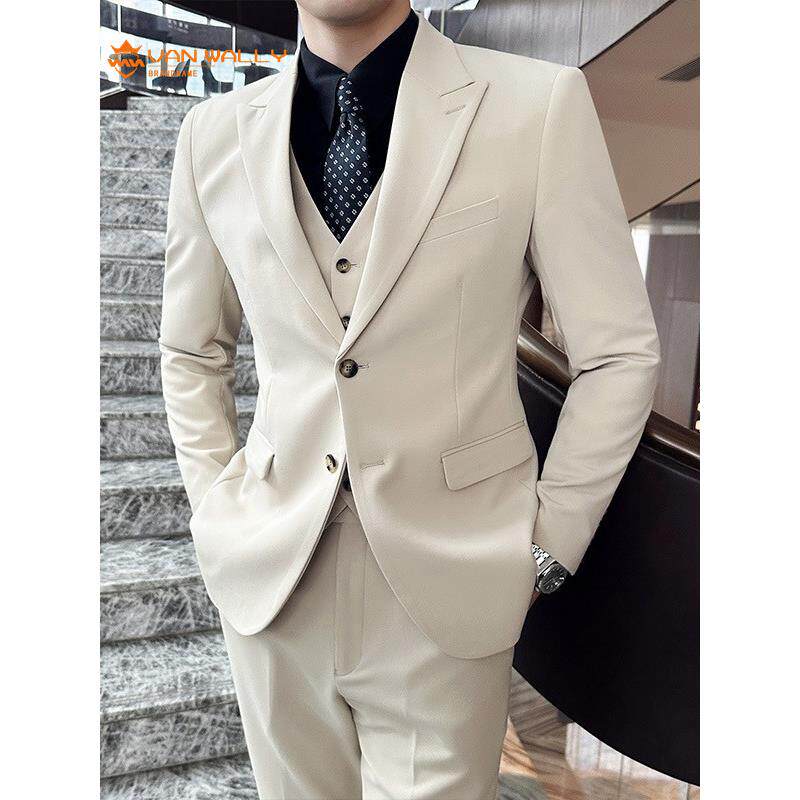VAN WALLY新品男士戗驳领西服套装修身挺括高级感男式西装三件套
