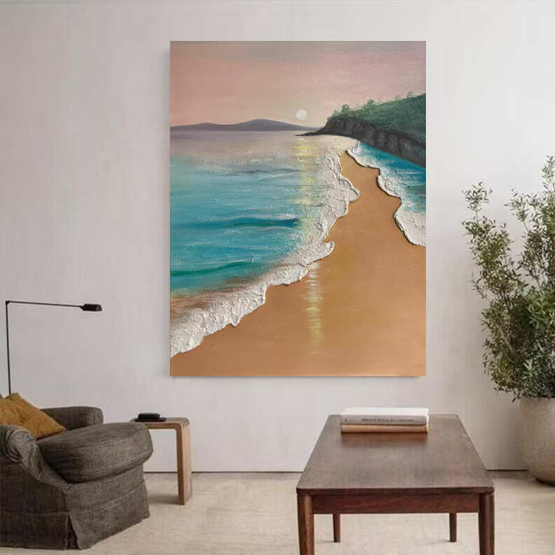 纯手绘油画客厅玄关装饰画丙烯石英砂海景日出立体画抽象风景挂画图片