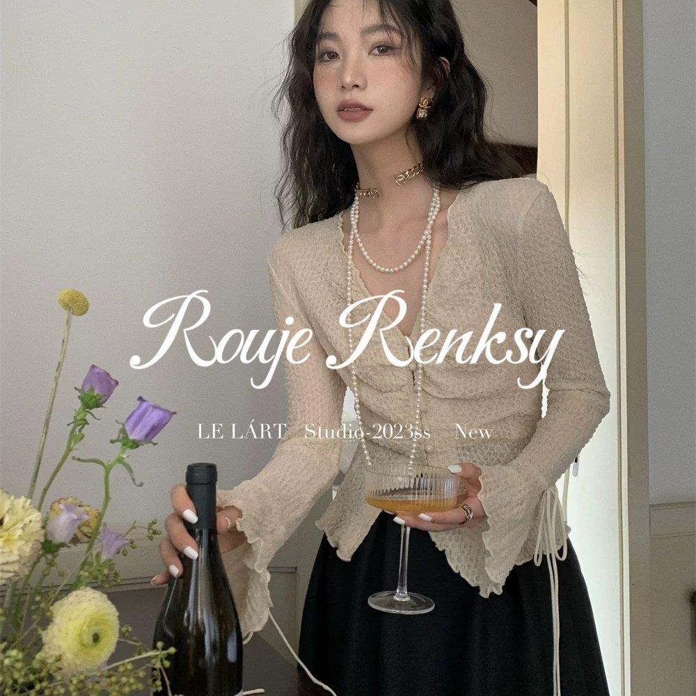 法国rouje renksy法式高级感纯欲V领喇叭袖上衣女春季开叉长袖T恤