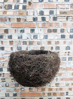 藤编摆件插花花篮壁挂吊篮美式乡村风 草编鸟窝装饰吊篮鸟巢装饰