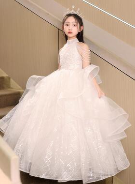 女童礼服生日公主裙白色花童婚礼小女孩儿童主持人钢琴演出服冬季
