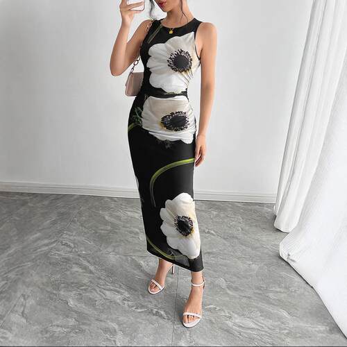 Women's black mesh printed sleeveless dress long