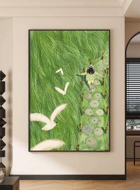 现代客厅装饰画寓意好白鸽入户进门玄关挂画治愈系绿色走廊墙壁画