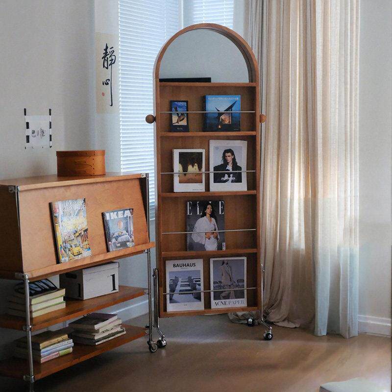 覆古落地镜全身镜家用创意杂志书报置物架中古可移动实木试全身镜