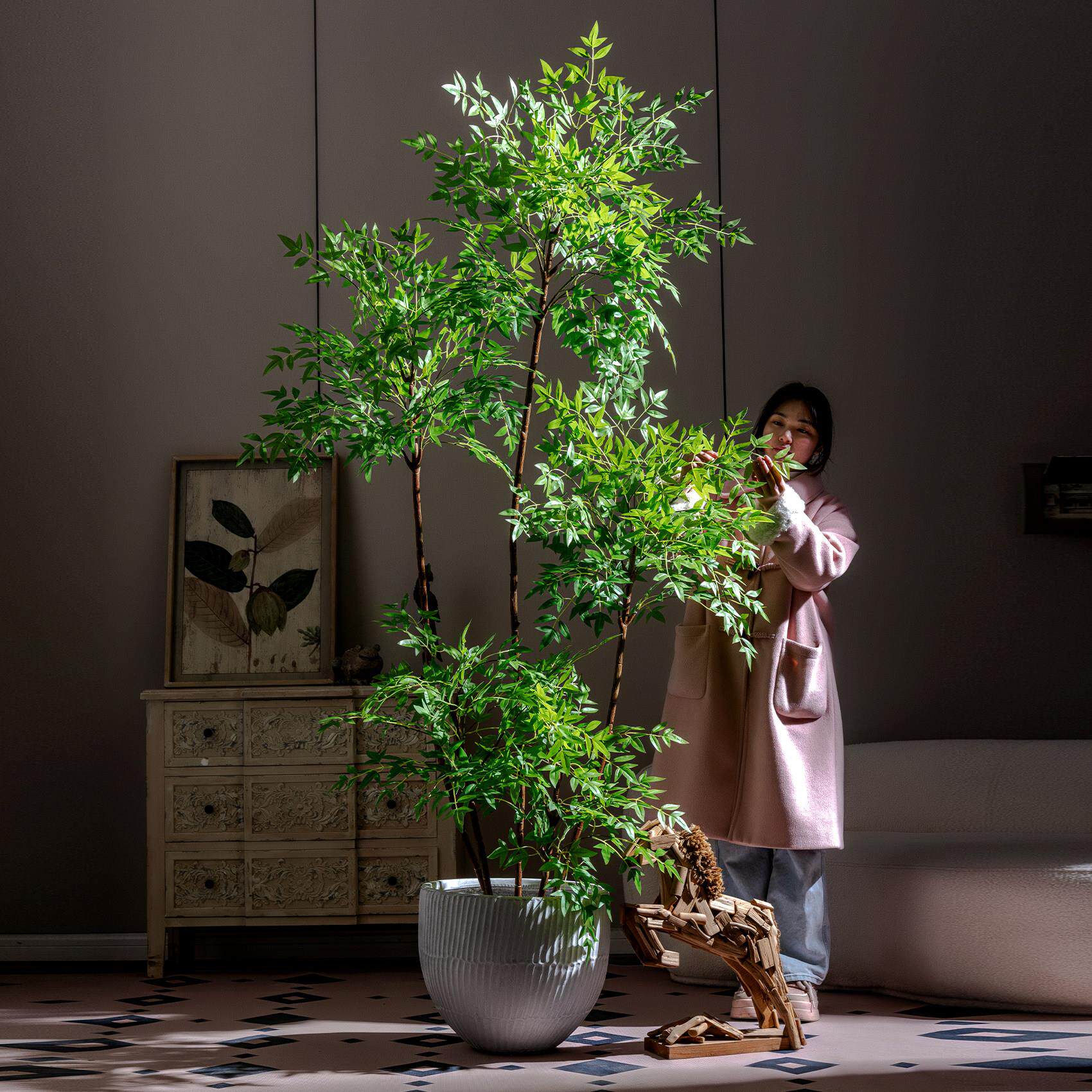 加密南天竹彷真绿色植物物客厅轻奢高端落地盆栽彷生假花假树装饰