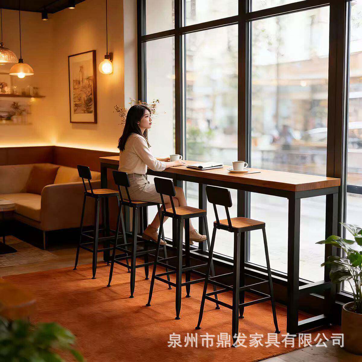 复古吧台椅子靠背实木圆桌酒吧脚凳子咖啡餐厅奶茶店休闲餐桌椅