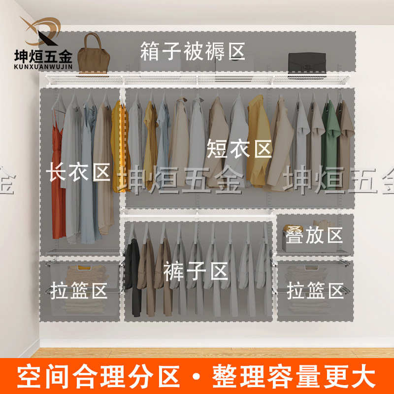 自由组合金属衣柜衣帽间步入式砌墙网格板储物间挂衣架储物架衣橱