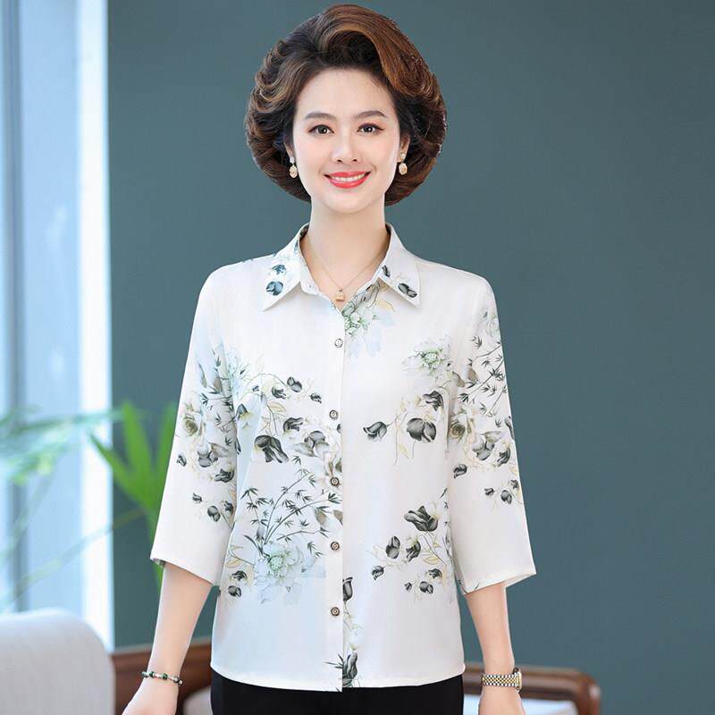 新品夏季妈妈真丝缎面衬衫七分袖中老年婆婆桑蚕丝白色衬衣套装薄