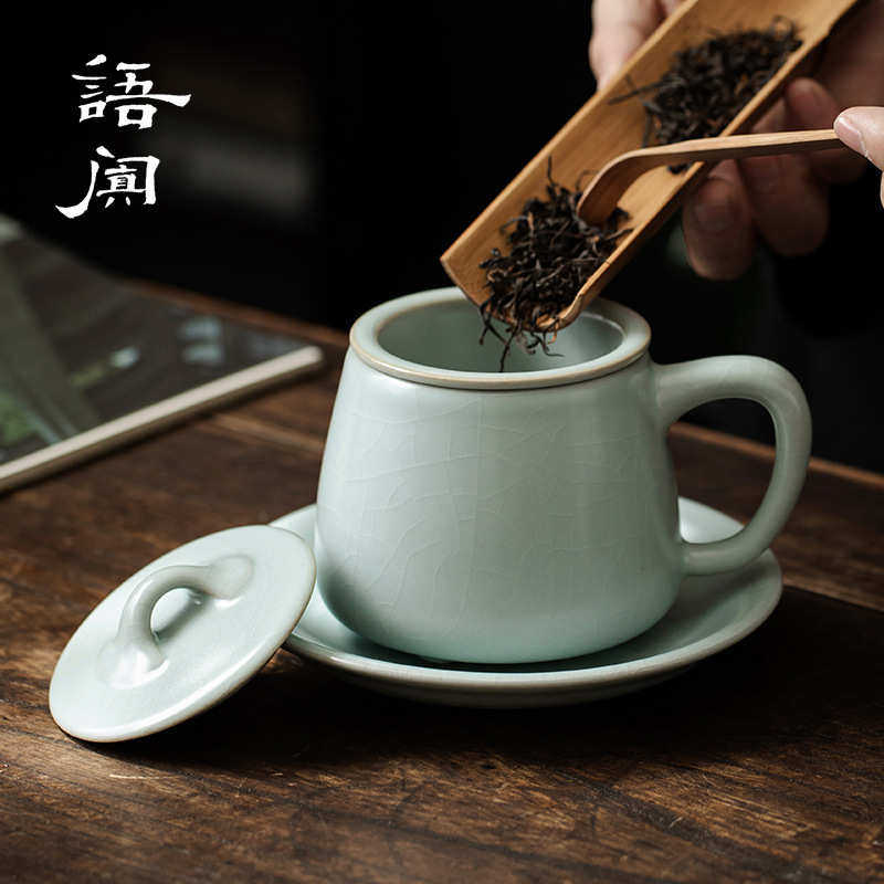 台湾丰子天青汝窑茶杯汝瓷大容量带盖水杯茶水分离杯子个人办公室