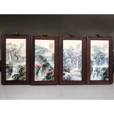 古玩杂项工艺品红木镶杂件做旧瓷板画瓷画粉彩山水四条屏风挂饰
