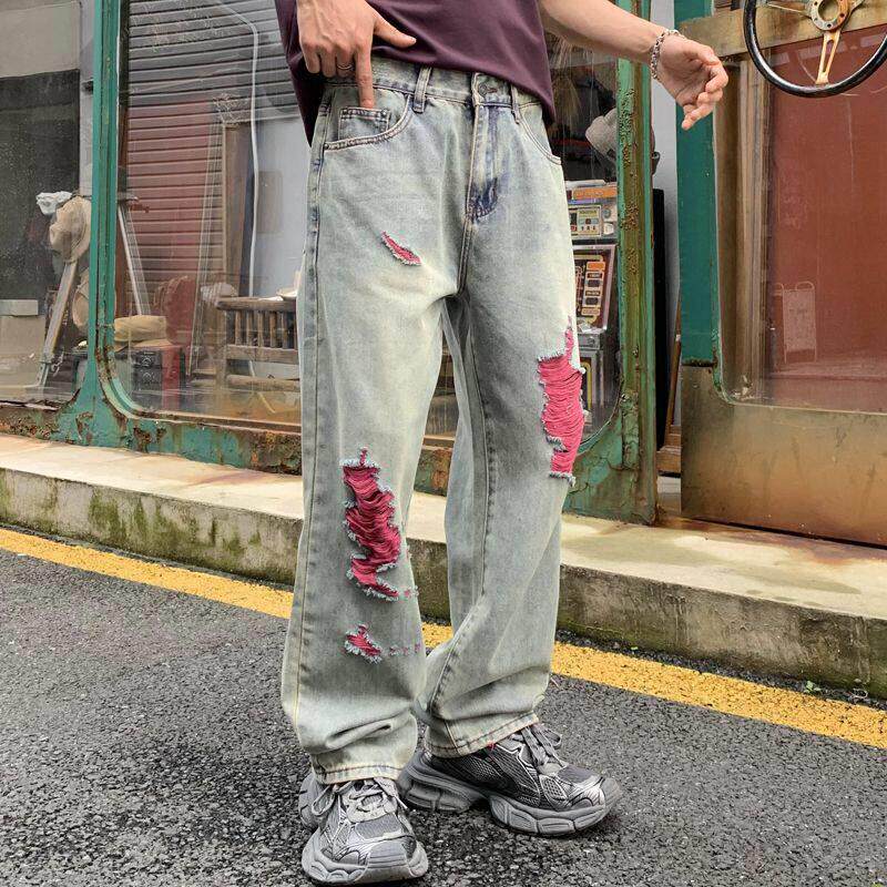 香港潮牌破洞牛仔裤男秋季美式vibe高街潮流痞帅宽松阔腿直筒裤子