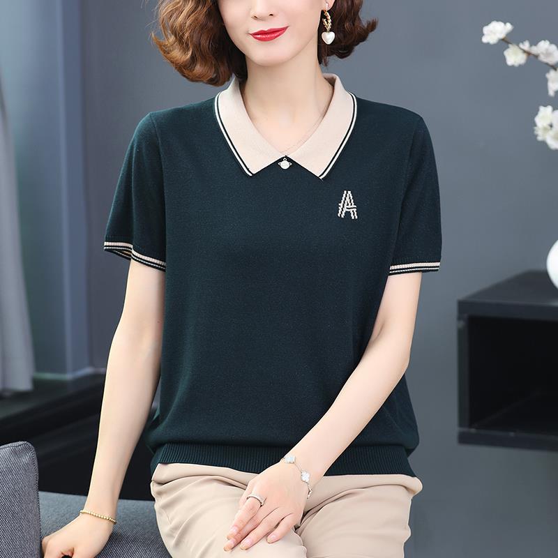 夏季妈妈桑蚕丝短袖t恤宽松上衣中年女士翻领薄款针织衫加肥加大