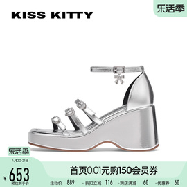 kisskitty2024年夏季坡跟凉鞋增高厚底，超高跟银色凉鞋配裙子