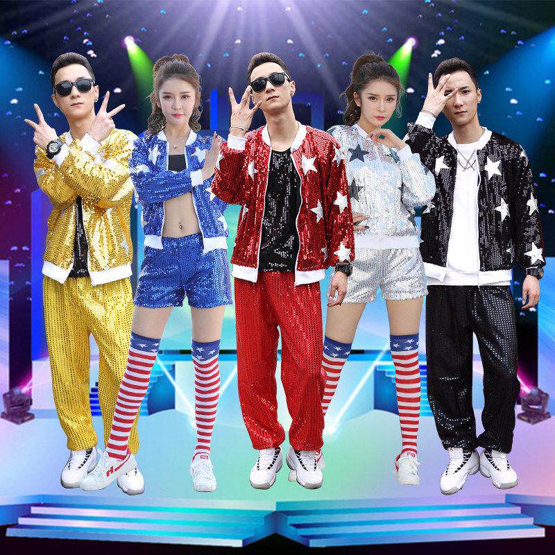 舞蹈服装爵士舞演出服现代舞青春亮片套装男生炫酷表演服啦啦队服