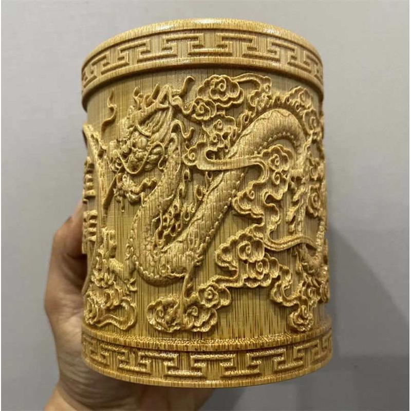 圆形浮雕笔筒龙凤呈祥高端书房办公毛笔收纳桶国风商务用品礼物