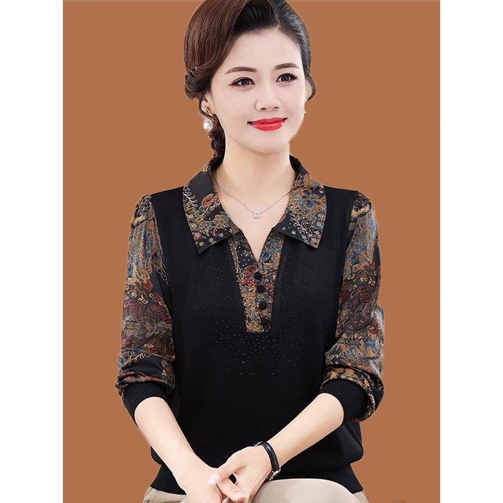 妈妈的春季长袖下摆衬衫上衣黑色2025新款中老年妇女春秋季t恤翻