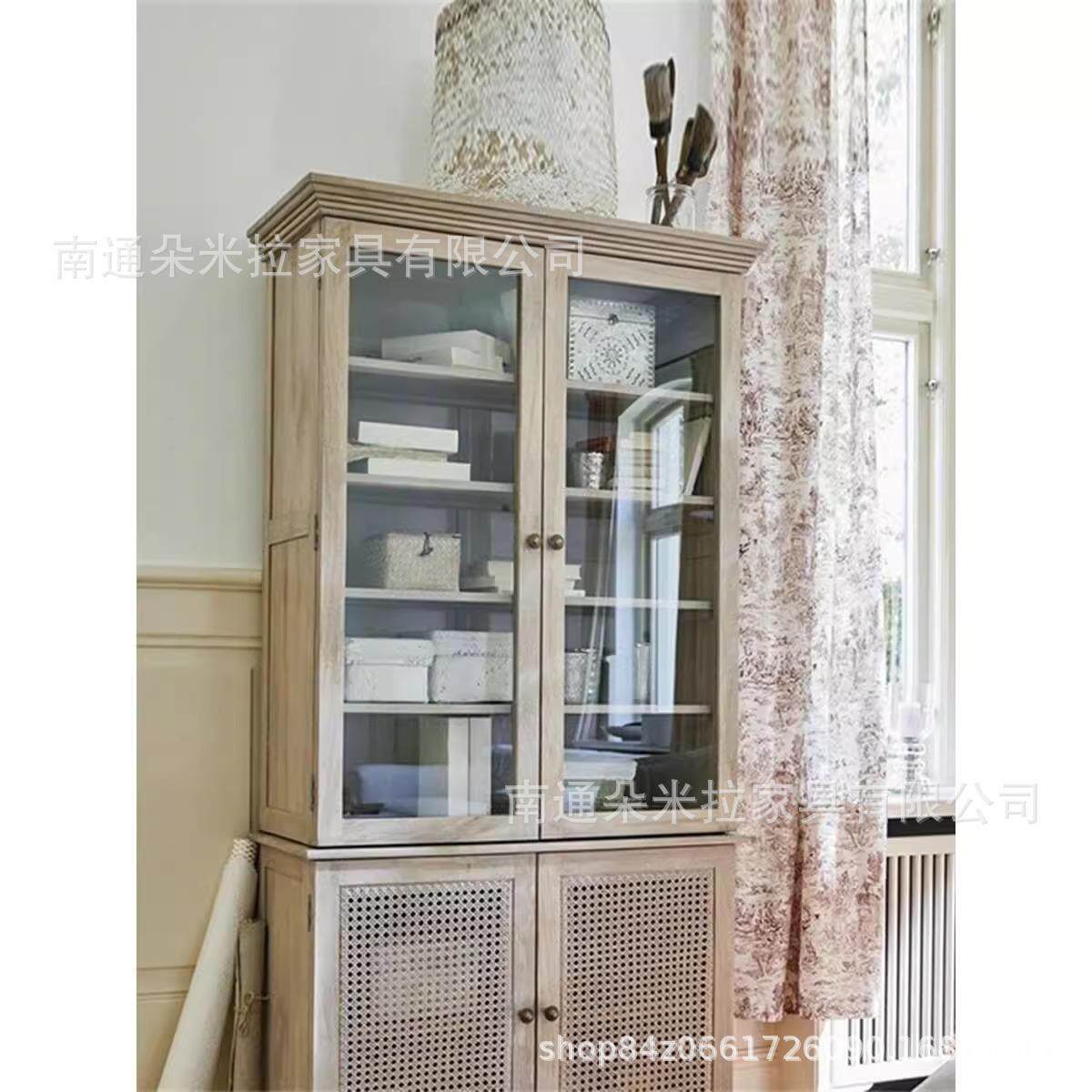 美式乡村实木书柜双门橡木展示柜法式复古藤编储物柜酒柜高端家具