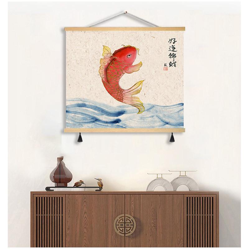 新中式简约好运锦鲤布艺挂画电表箱开关墙面遮挡餐厅民宿装饰画