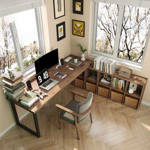日本进口实木转角书桌书柜一体组合 书房l型大板办公桌家用拐角双