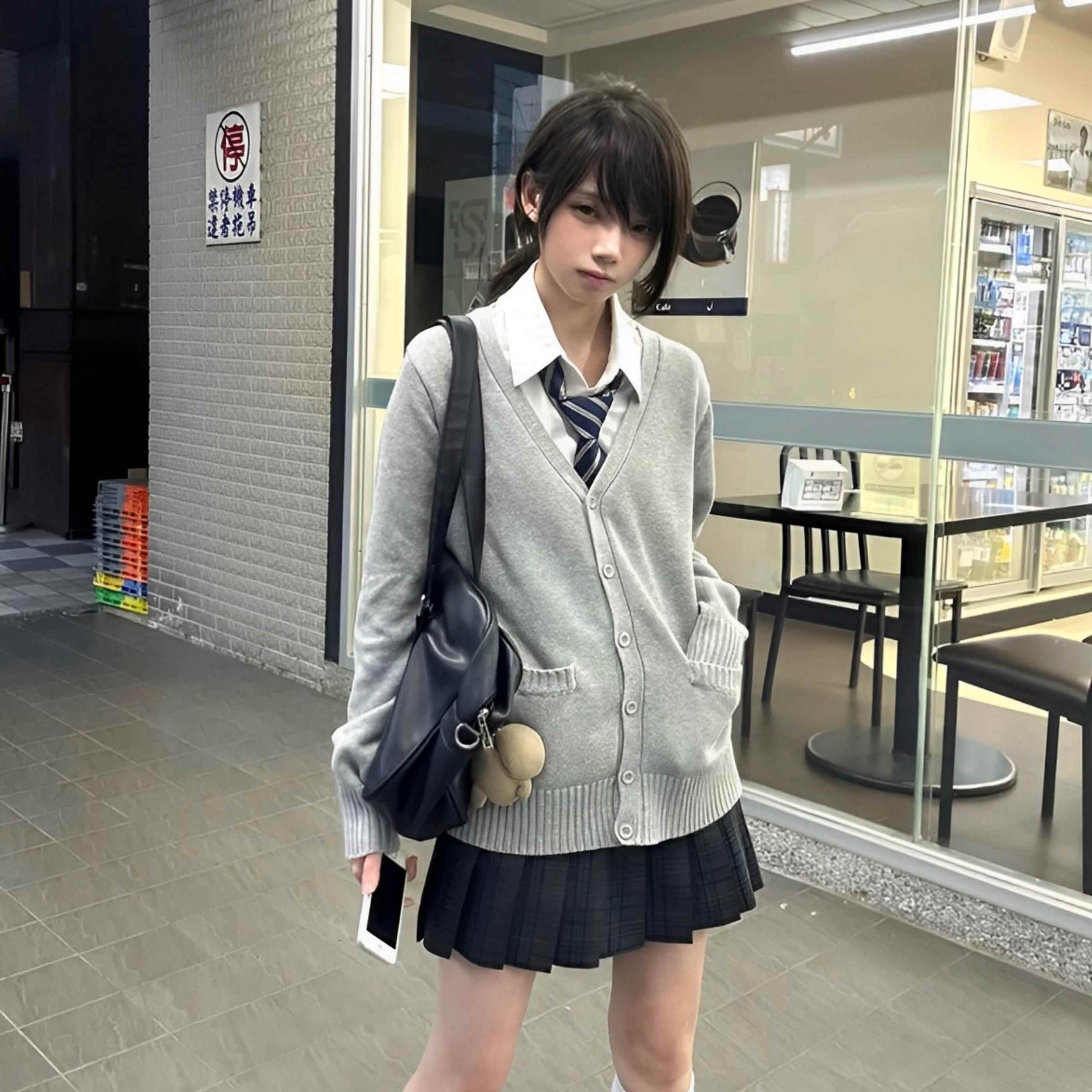 春秋JK制服针织开衫毛衣女日系学院风V领长袖灰色百外搭上衣外套