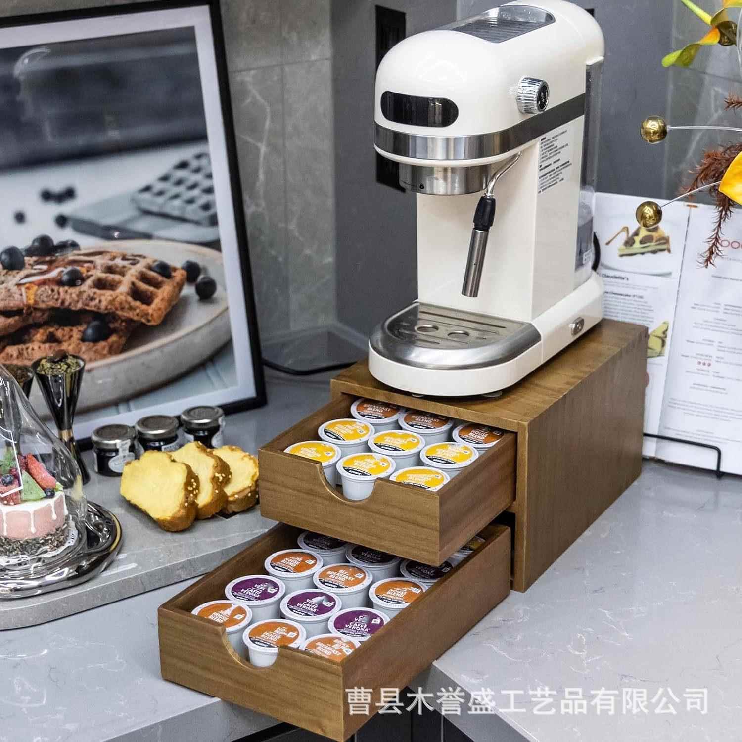 木制咖啡包抽屉收纳盒双层小空间柜台架储物盒双层咖啡收纳盒底座