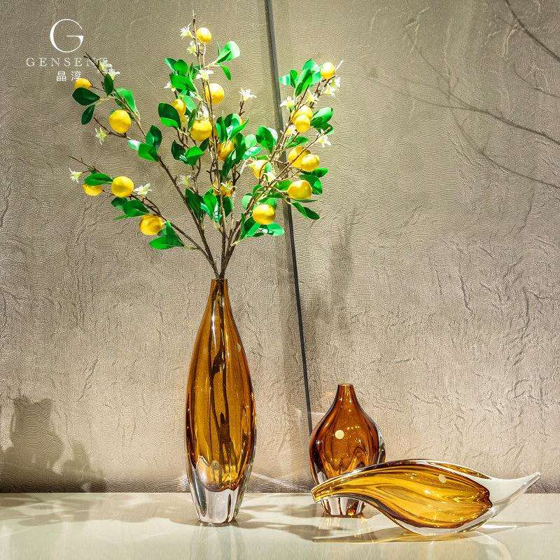 晶淳 新中式线条感现代简约玻璃插花瓶 水晶琉璃现代家居装饰品