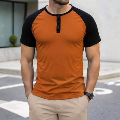 Shirt Casual Cotton Henley Two Piece Set For Men Short