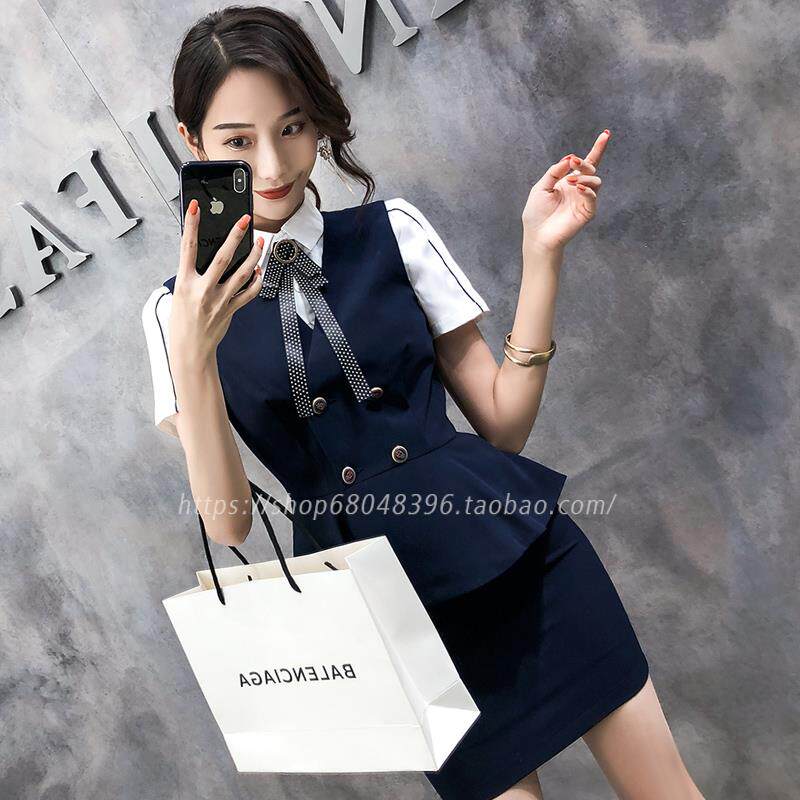 职业装女东航空姐制服工装套装时尚马甲套裙衬衫马甲三件套工作服