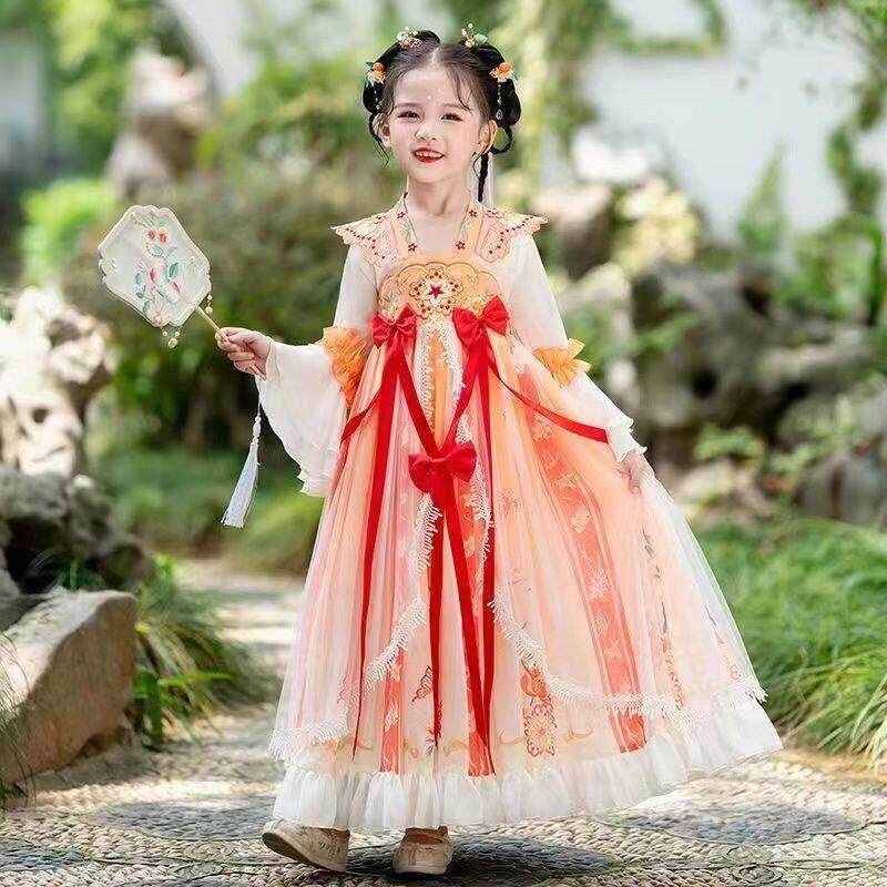 2025新款女童汉服古风棉质唐装连衣裙 春秋公主襦裙橘红色短袖款