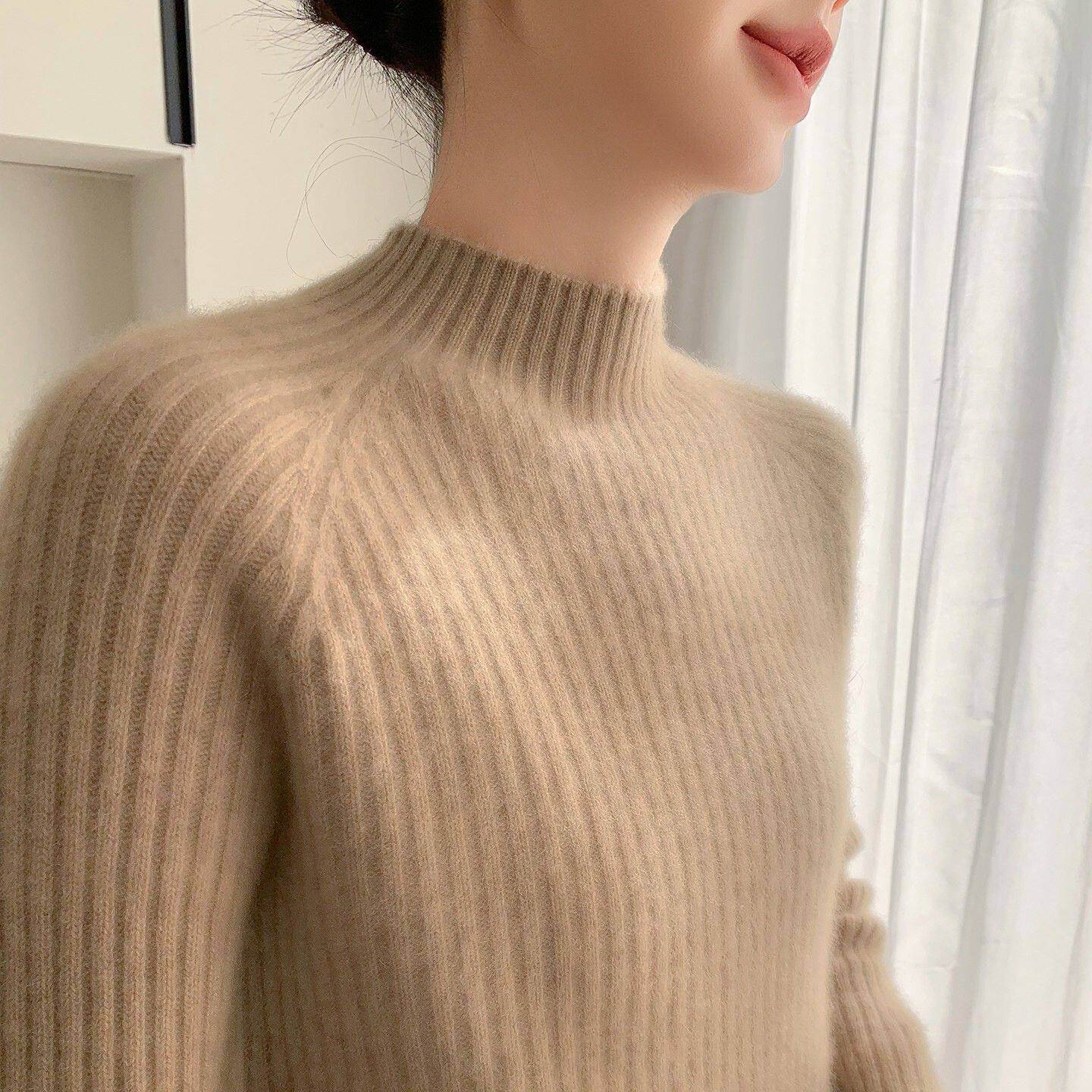 100%纯山羊绒衫女半高领插肩宽松加厚亲肤毛衣抽条显瘦针织打底衫