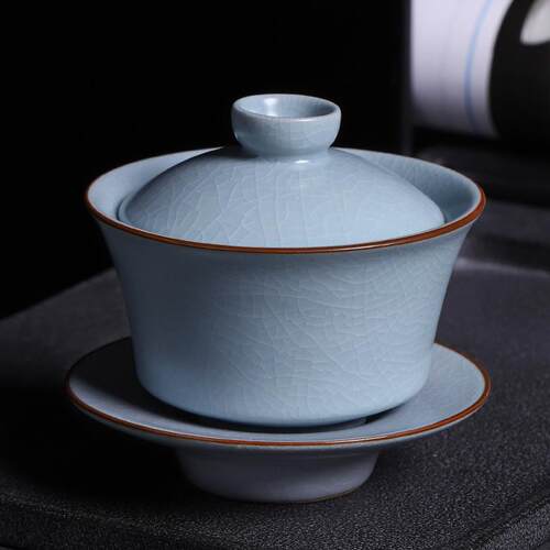 汝窑三才盖碗陶瓷复古单个泡茶器家用开片可养功夫茶具泡茶碗