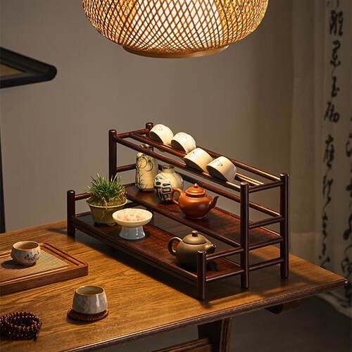 茶室新中式博古架小型家用收纳架茶杯架茶具置物架桌面摆件展示H^