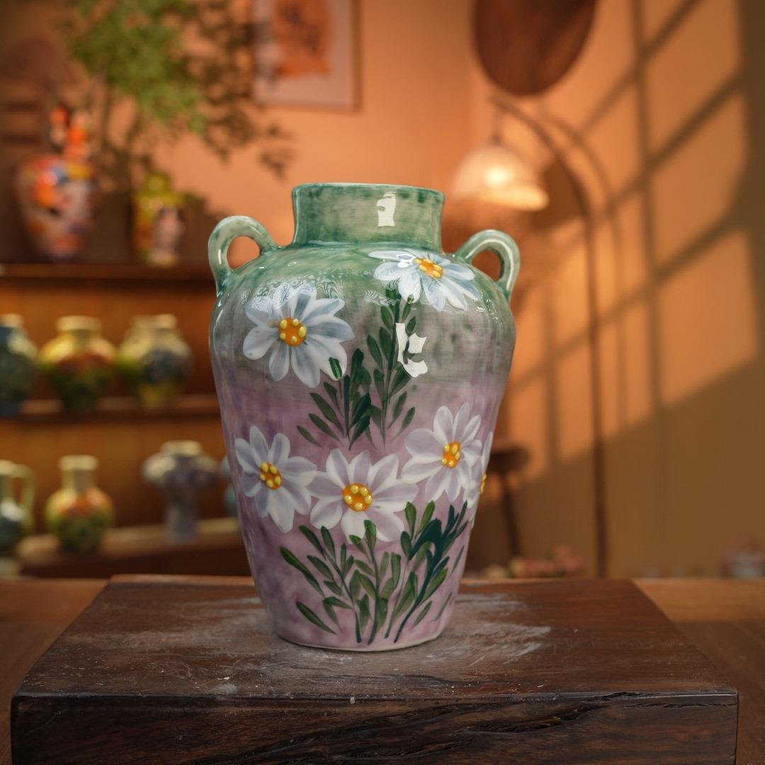 手工手绘青山黛渐变梦幻紫雏菊插花双耳摆件景德镇陶瓷花器035