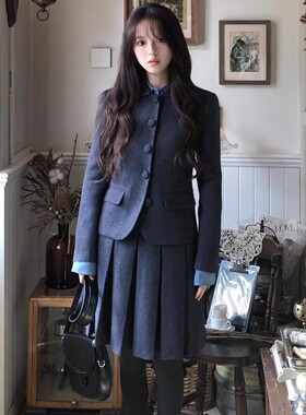 rouje bonjour灰色小香风长袖单排扣上衣百褶半身裙学院风套装女