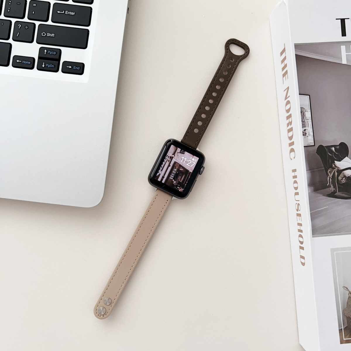 适用iwatch8手表双钉扣真皮表带applewatch7撞色细款皮质苹果Ultr