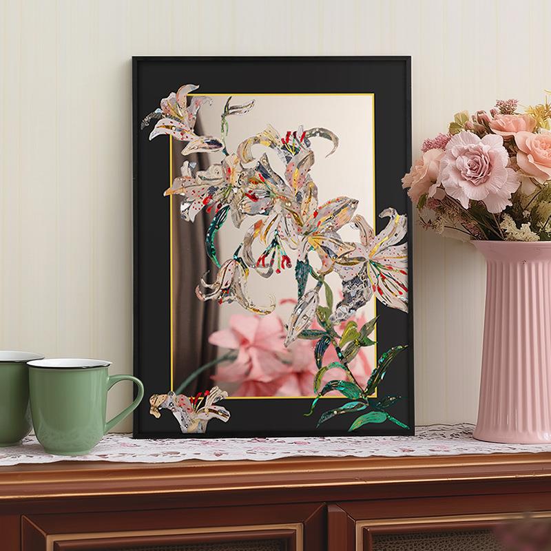 新中式百合花卉镜子画客厅装饰抽象高级感油画彩色中古玄关装饰画
