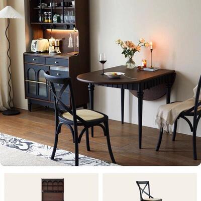 法式美式复古实木折叠餐ZVF桌组用合方两小型家圆用饭桌书桌户古